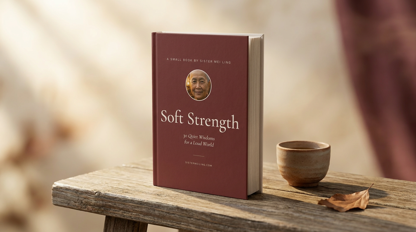 Soft Strength — a paperback by Sister Mei Ling, resting on a wooden bench beside a ceramic tea cup in morning light